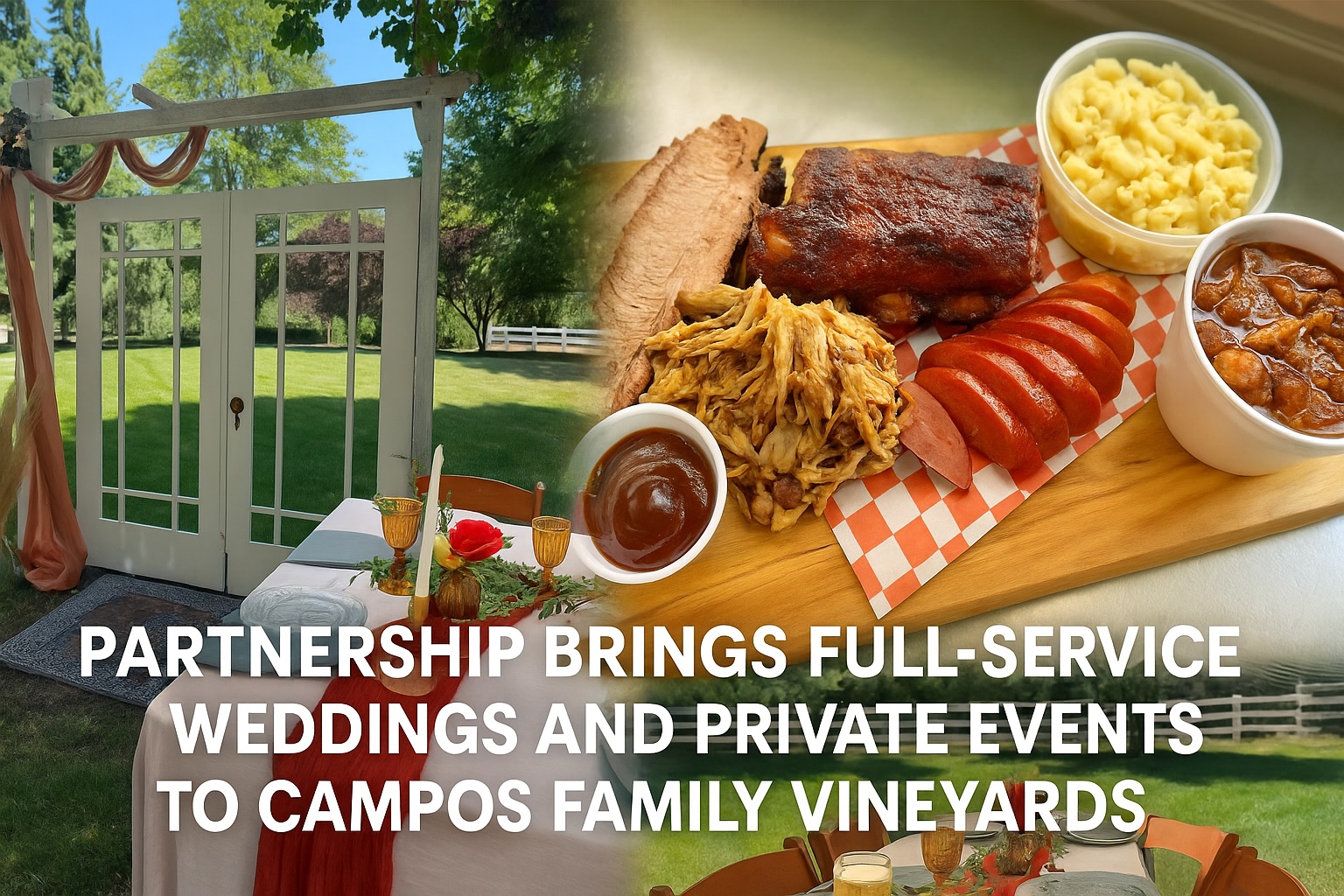 Petals and smokes partnership announcement, photo of various BBQ meat with wedding decorations