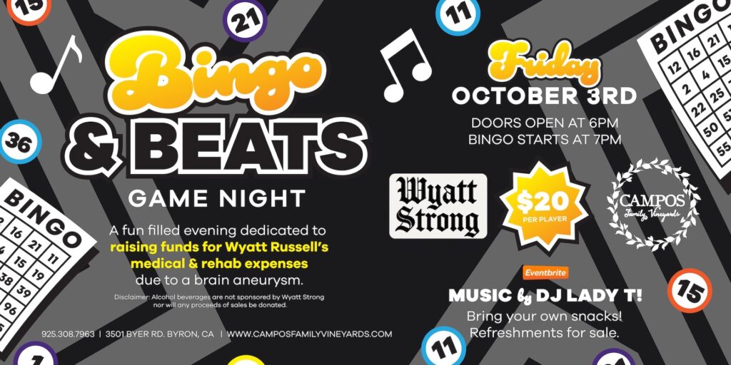 A fun filled evening dedicated to raising funds for Wyatt Russell's medical & rehab expenses due to a brain aneurysm. OCTOBER 3RD
DOORS OPEN AT 6PM
BINGO STARTS AT 7PMMUSIC by DJ LADY T!
Bring your own snacks!
Refreshments for sale. $20 per player